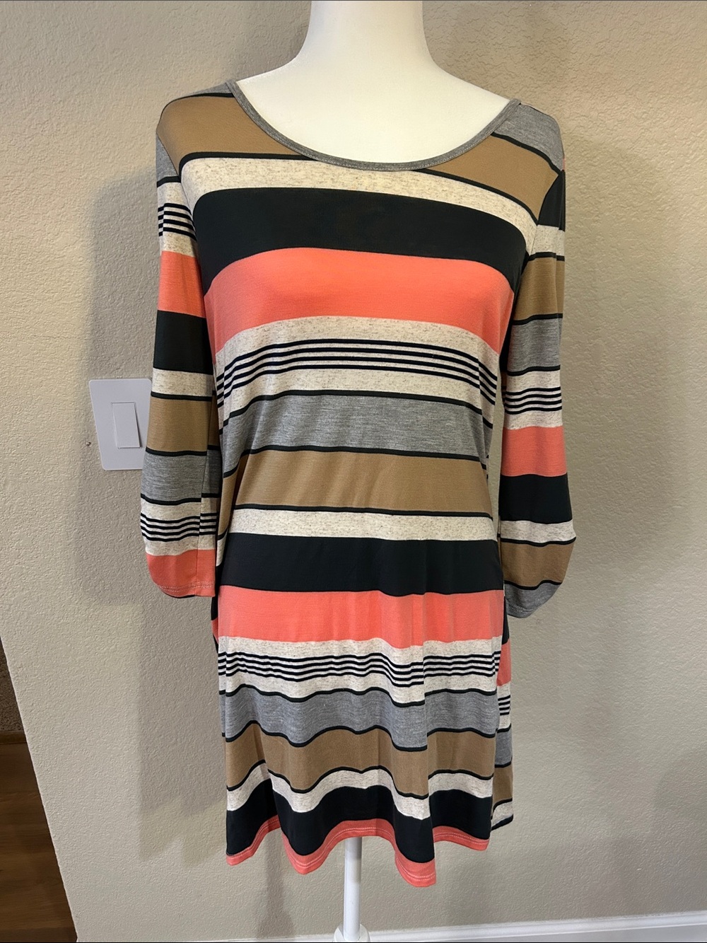 Le Lis Coral, Black, Tan & Gray Striped Long Sleeve Dress